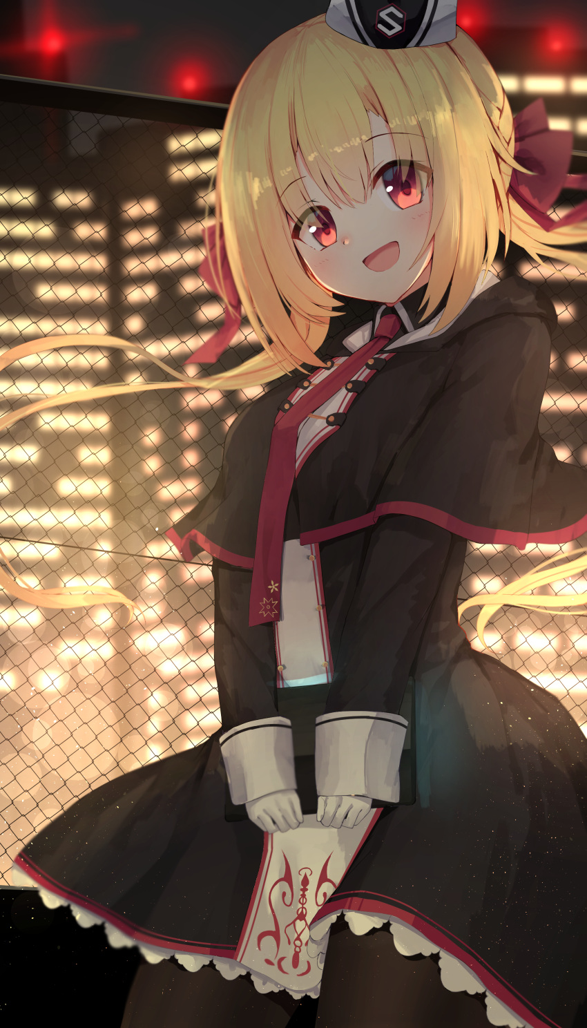 1girl absurdres arihara_nanami bangs black_dress black_pantyhose blonde_hair blush bow city collared_shirt dress eyebrows_hidden_by_hair fence frills gloves hair_between_eyes hands_on_stomach hat highres long_hair looking_at_viewer necktie nodoameyatou open_mouth pantyhose red_bow red_eyes red_necktie red_ribbon ribbon riddle_joker shirt sidelocks skirt smile solo twintails white_gloves wing_collar yuzu-soft