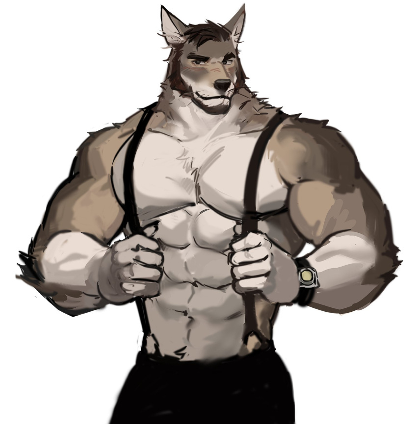 anthro beard black_nose brown_hair canid canine canis clock coyote dopq echo_(series) echo_project facial_hair hair hi_res male mammal muscular muscular_male scar shirtless shirtless_male simple_background solo suspenders the_smoke_room video_games visual_novel watch white_background william_adler wristwatch