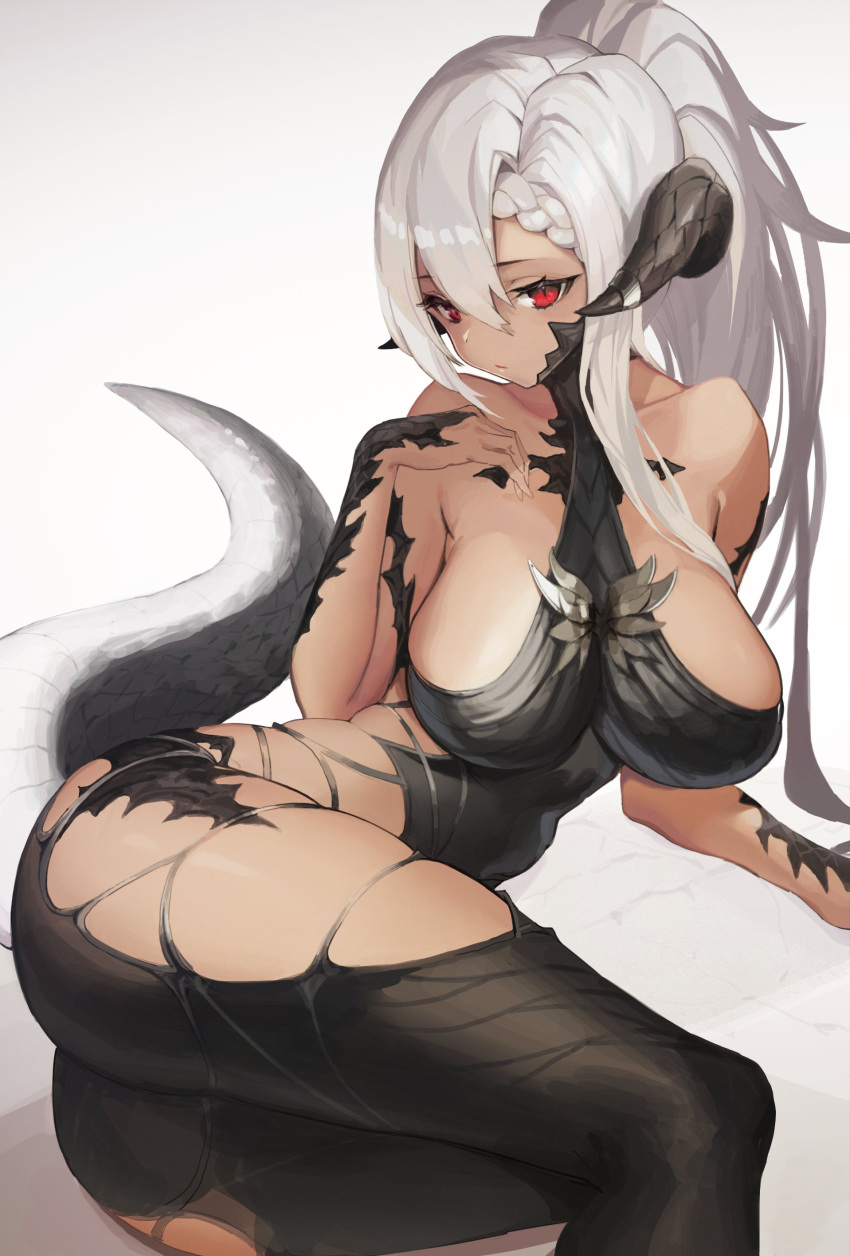 1girl absurdres arm_support au_ra avatar_(ff14) bangs braid breasts cyobiro dragon_horns dragon_tail feet_out_of_frame final_fantasy final_fantasy_xiv highres horns large_breasts long_hair looking_at_viewer lying omega-f on_side reclining red_eyes side_braid sidelocks skindentation slit_pupils solo tail thighs very_long_hair white_background white_hair