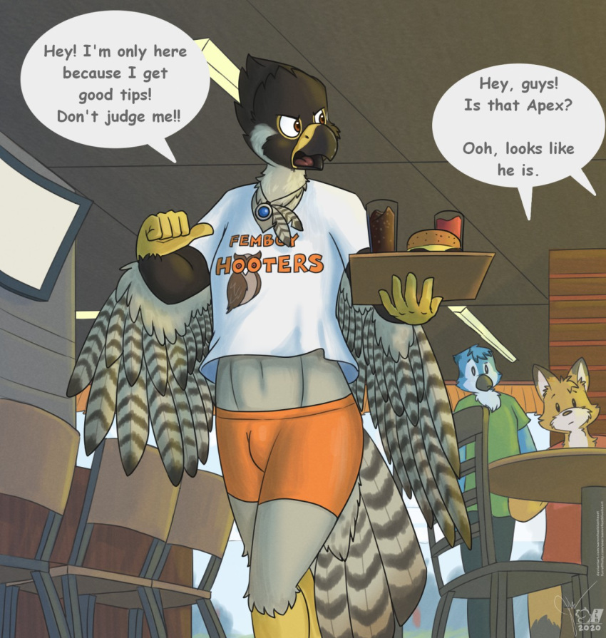2020 5_fingers anthro avian background_character beak big_wings bird bird_legs black_beak black_eyes blue_body blue_feathers blue_jay bottomwear brown_body brown_bottomwear brown_clothing brown_eyes brown_feathers brown_shorts bulge burger canid canine chair cheek_tuft clothing comic_sans corvid detailed_background dipstick_ears facial_tuft falcon falconid feather_necklace feathers femboy_hooters fingers food fox fur furniture gesture glass green_clothing green_shirt green_topwear grey_body grey_feathers group head_tuft hi_res holding_tray jay_(bird) knee_tuft leg_tuft looking_angry looking_away male mammal multicolored_ears navel neck_tuft new_world_jay offscreen_character orange_body orange_fur oscine passerine pointing pointing_at_self red_clothing red_topwear sammfeatblueheart shaded shirt shorts signature speech_bubble striped_feathers table television text thumbs_up tongue topwear trio tuft two_tone_beak white_body white_clothing white_feathers white_fur white_shirt white_topwear winged_arms wings yellow_beak