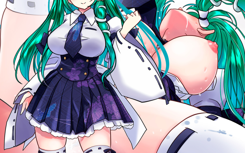 1boy 1girl blush bouncing_breasts breasts censored clothes_lift commentary_request dated feet_out_of_frame frilled_skirt frills green_hair head_back hetero high-waist_skirt kochiya_sanae large_breasts long_hair necktie nipples purple_necktie purple_skirt ribbon-trimmed_thighhighs sex sidelocks skirt skirt_lift thighhighs touhou trembling vaginal white_thighhighs yamaguchi_yuu