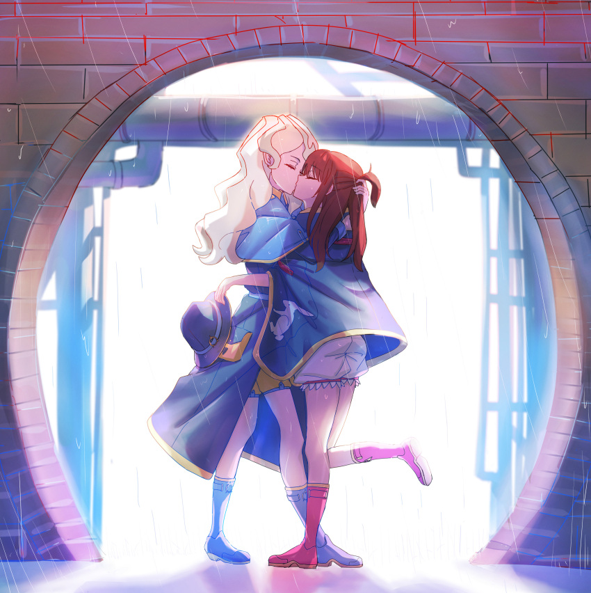2girls absurdres arch blonde_hair bloomers boots brown_hair closed_eyes diana_cavendish hand_on_another's_head hat hat_removed headwear_removed highres holding holding_clothes holding_hat industrial_pipe kagari_atsuko kiss leg_up little_witch_academia long_hair macartura08 multiple_girls outdoors ponytail rain raincoat sunlight underwear yuri