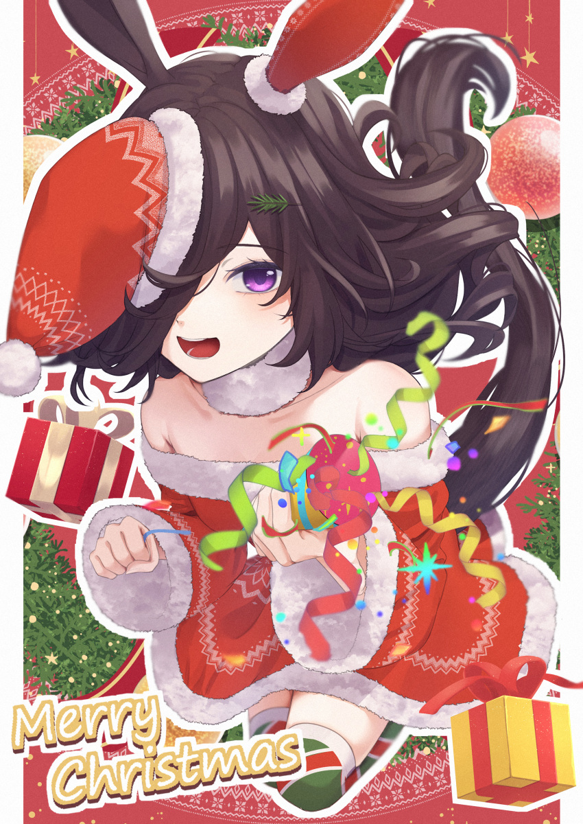 1girl absurdres black_hair christmas confetti dress ear_covers fur-trimmed_dress fur-trimmed_headwear fur_choker fur_trim gift hair_over_one_eye hat highres holding_party_popper horse_girl horse_tail inui_(inuiw_) long_hair looking_at_viewer merry_christmas party_popper purple_eyes red_dress red_headwear rice_shower_(umamusume) santa_costume santa_dress santa_hat single_ear_cover solo strapless strapless_dress streamers tail thighhighs tilted_headwear umamusume