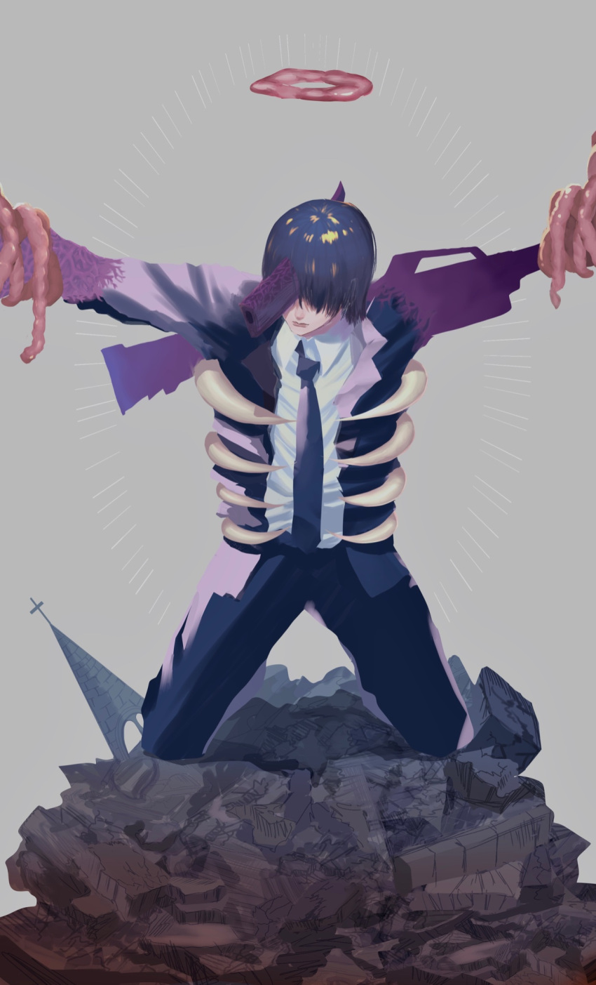 1boy assault_rifle bangs black_hair black_necktie bound bound_arms chainsaw_man church cy_ms debris facing_to_the_side formal grey_background gun gun_devil_(chainsaw_man) hair_over_eyes halo handgun hayakawa_aki highres hybrid intestines kneeling necktie rifle rubble short_hair simple_background solo spine spoilers suit weapon