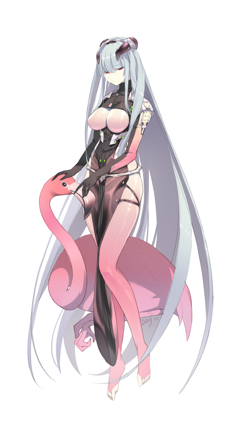 1girl 7an.zi absurdly_long_hair absurdres animal bangs bird black_eyes black_leotard blunt_bangs bodysuit bodysuit_under_clothes breastless_leotard breasts closed_mouth commentary english_commentary english_text expressionless flamingo full_body grey_hair half-closed_eyes headgear headpat heart highres large_breasts leotard long_hair looking_at_viewer original pale_skin pelvic_curtain pink_bodysuit red_eyes ribbed_leotard shiny shiny_clothes shiny_hair shoulder_pads shrug_(clothing) sidelocks simple_background skindentation solo standing toeless_bodysuit turtleneck very_long_hair white_background
