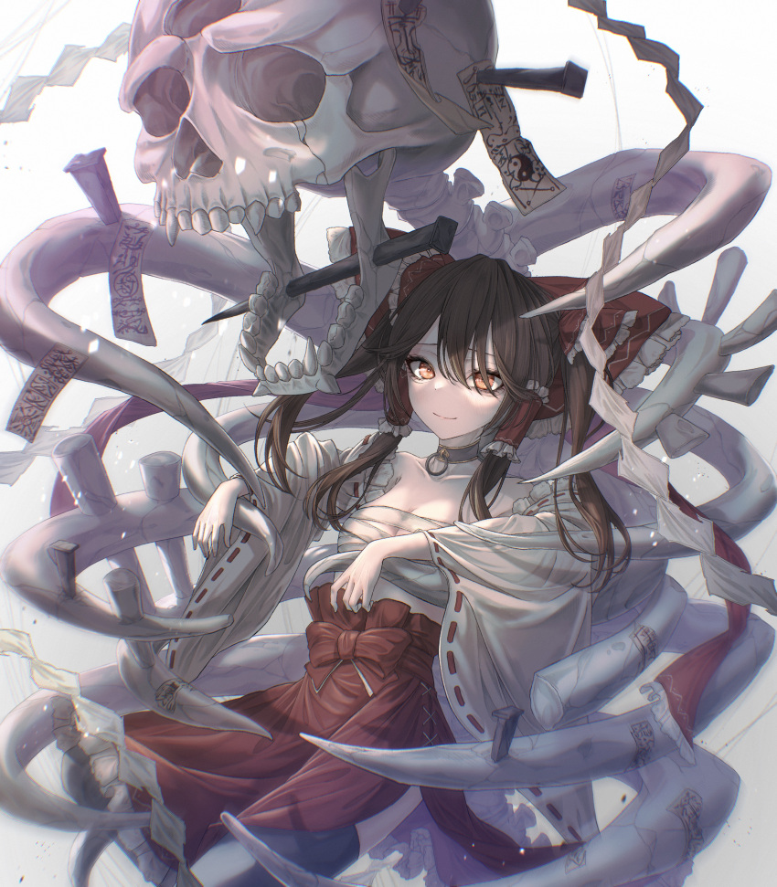 1girl absurdres alternate_hairstyle black_thighhighs bow breasts brown_hair closed_mouth commentary cowboy_shot detached_sleeves frilled_bow frilled_hair_tubes frills grey_choker hair_bow hair_over_one_eye hair_tubes hakurei_reimu highres long_hair looking_at_viewer medium_breasts nail ofuda red_bow red_eyes red_skirt ribbon-trimmed_sleeves ribbon_trim ribs sarashi sidelocks skeleton skirt skull smile solo thighhighs touhou tqg_07 twintails white_sleeves wide_sleeves