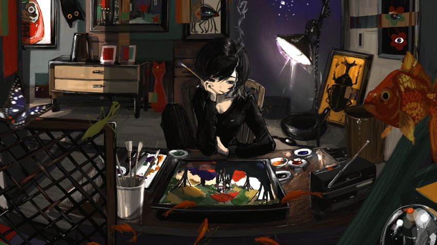 1girl arm_support black_cat black_hair black_shirt blue_butterfly breasts bug butterfly cabinet cat cigarette cleavage commentary_request daruma_doll fish goldfish head_rest highres holding holding_paintbrush indoors lamp long_sleeves looking_down mouth_hold narue original paintbrush painting_(action) painting_(object) shirt short_hair sitting smoke smoking solo