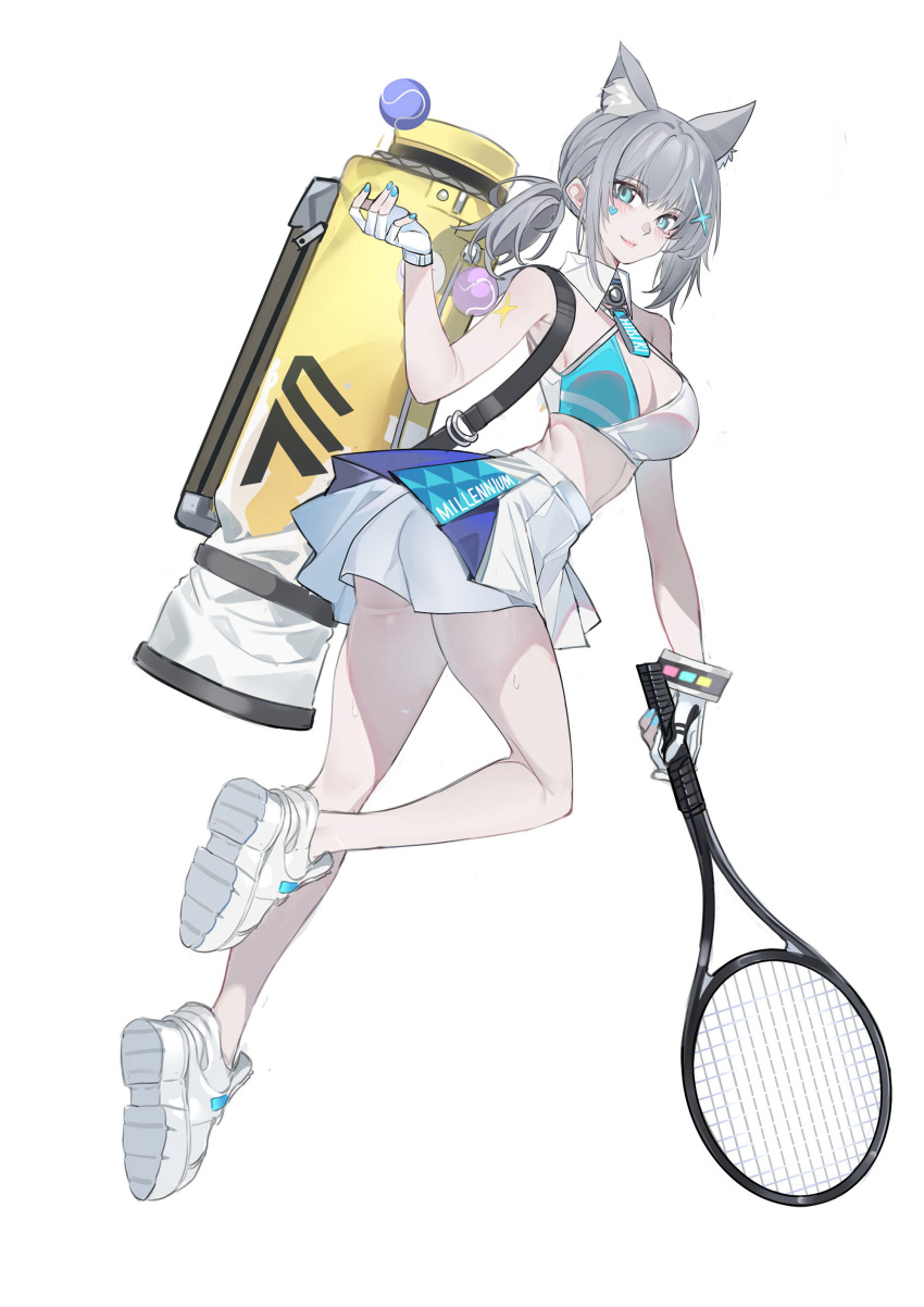 absurdres animal_ear_fluff animal_ears ass bangs bare_arms bare_legs bare_shoulders blue_archive blue_eyes breasts cat_ears character_request cleavage commentary_request crop_top echj full_body gloves grey_hair highres holding_tennis_racket large_breasts long_hair looking_at_viewer low_ponytail midriff miniskirt shoes short_shorts shorts shorts_under_skirt simple_background skirt smile thighs twisted_torso white_background white_footwear white_gloves white_shorts white_skirt