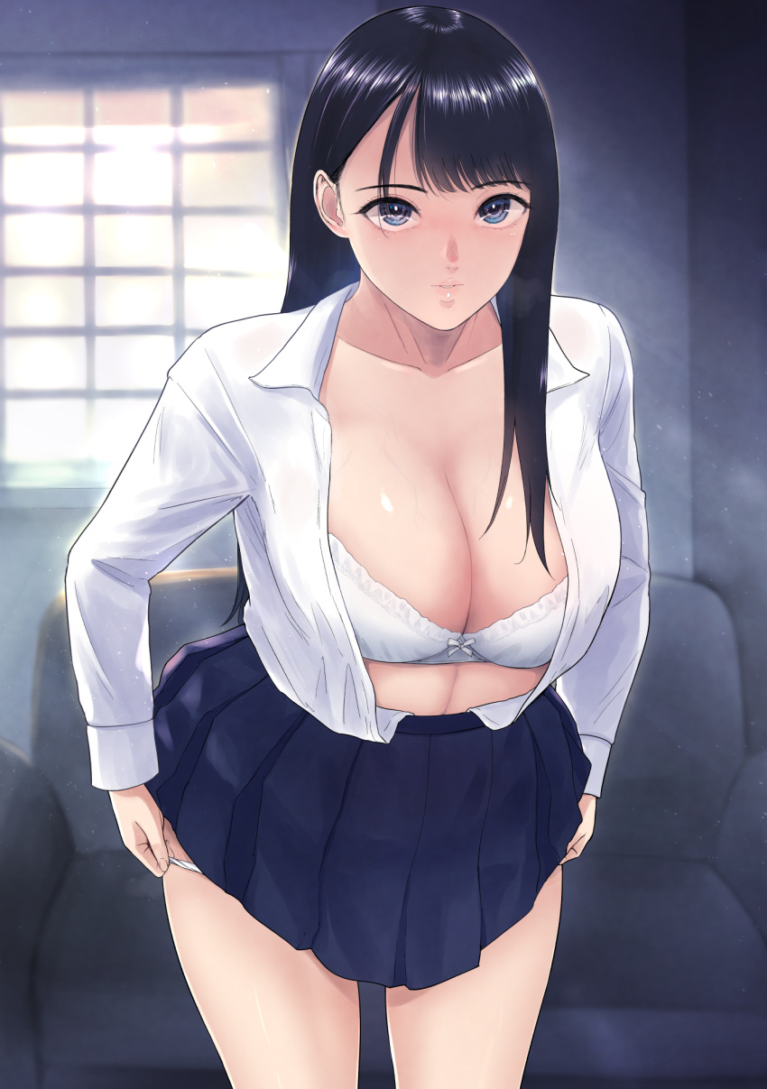 1girl bangs bifidus black_hair blue_eyes blue_skirt blush bra breasts cleavage clothes_lift collarbone couch cowboy_shot highres indoors large_breasts long_hair long_sleeves looking_at_viewer original panties panty_pull parted_bangs parted_lips school_uniform shirt skirt skirt_lift unbuttoned underwear undressing white_bra white_panties white_shirt window