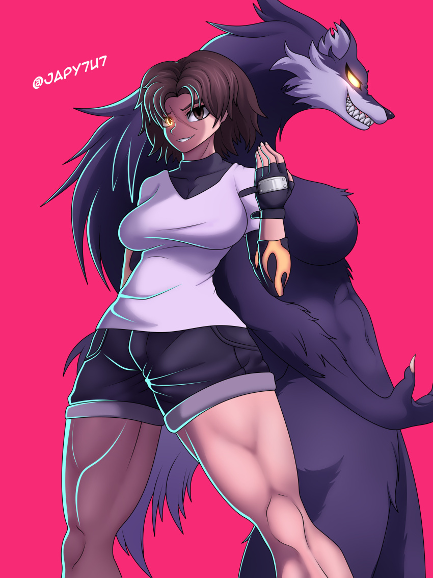 absurd_res animal_humanoid black_body black_fur bloody_roar bottomwear breasts brown_eyes brown_hair butt canid canid_humanoid canine canine_humanoid canis claws clothed clothing female fur glowing glowing_eyes grey_body grey_fur grey_tail hair hi_res hotpants humanoid japy7u7 looking_at_viewer mammal mammal_humanoid minishorts muscular muscular_female shorts simple_background smile solo thick_thighs video_games were werecanid werecanine werewolf wolf wolf_humanoid yellow_eyes yugo_ogami