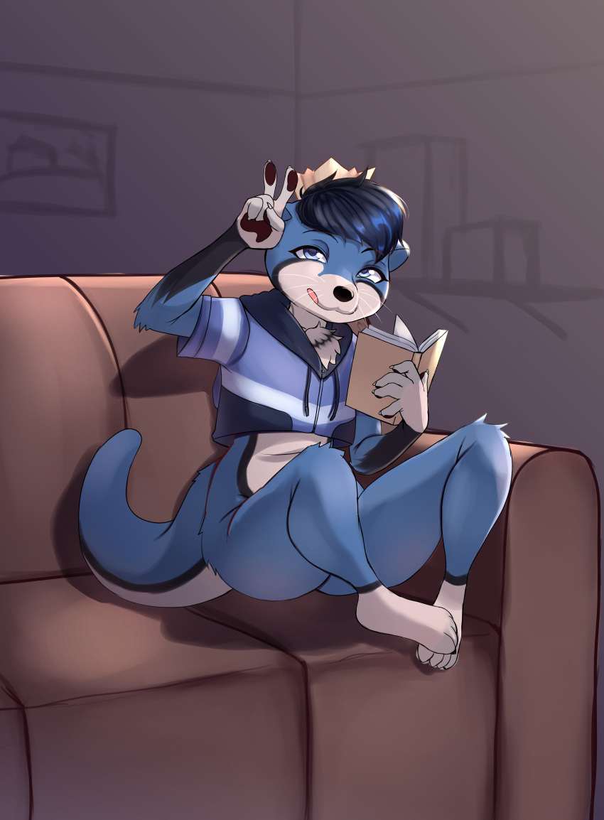 absurd_res anonymous_artist anthro awtter blep blue_body blue_fur boltzq boltzq_(awtter) butt clothed clothing crown curvy_figure cute_expression fur furniture gesture girly hi_res hoodie lutrine male mammal mustelid partially_clothed pawpads paws slim sofa solo solo_focus tagme tongue tongue_out topwear unknown_artist v_sign