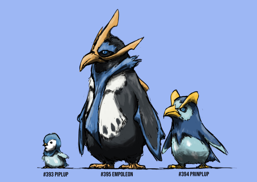 absurdres animal_focus arms_at_sides bird black_eyes blacknirrow blue_background blue_eyes blue_theme character_name claws closed_mouth commentary empoleon english_commentary english_text evolutionary_line full_body highres no_humans penguin piplup pokedex_number pokemon pokemon_(creature) prinplup realistic simple_background sketch standing