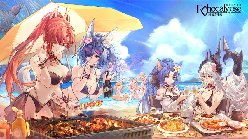 6+girls animal_ear_fluff barbecue bikini black_bikini blonde_hair blue_bikini blue_hair bottle breasts character_request closed_eyes coconut_cup copyright_name csyday ear_piercing echocalypse eyes_visible_through_hair eyewear_on_head flower food glasses grey_hair hair_flower hair_ornament highres horns ice_bucket kebab large_breasts multiple_girls ocean palm_tree piercing pizza pizza_cutter red_eyes red_hair splashing swimsuit tree