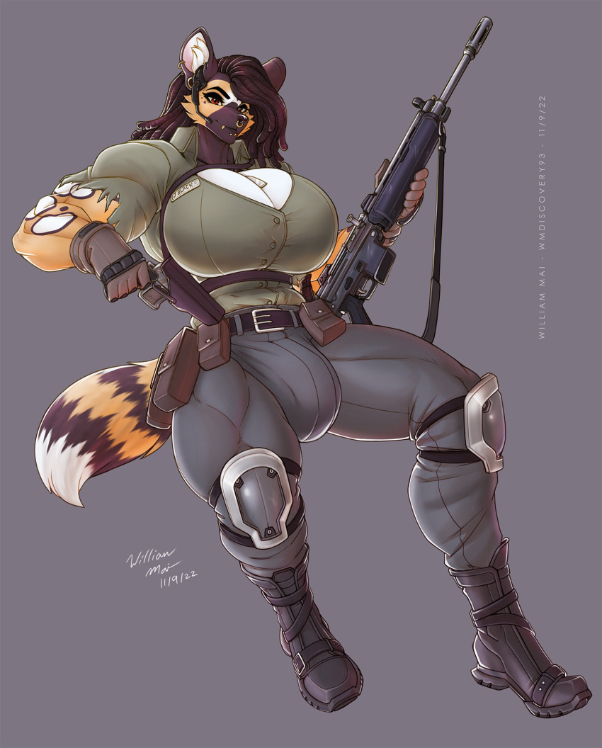 african_wild_dog anthro assault_rifle big_breasts boots breasts bulge canid canine cleavage clothed clothing dreadlocks ear_piercing earpiece facial_piercing footwear gloves gun gynomorph handgun handwear hi_res holster intersex jordan knee_pads mammal mercenary nose_piercing piercing ranged_weapon rifle sitting solo torn_clothing weapon wmdiscovery93