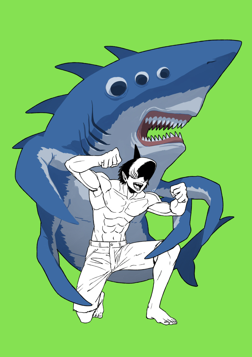 1boy abs arms_up beam_(chainsaw_man) black_hair chainsaw_man covered_eyes extra_eyes facing_to_the_side green_background greyscale_with_colored_background highres looking_at_viewer muscular one_knee open_mouth shark sharp_teeth short_hair shorts simple_background solo teeth ym_yoshiya