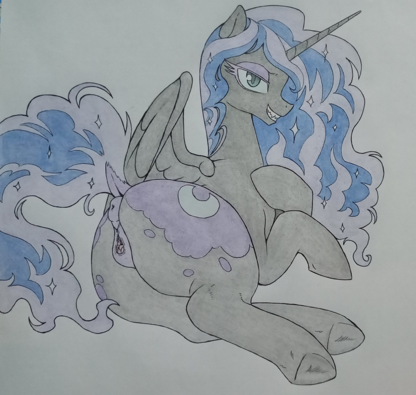 2022 animal_genitalia animal_pussy butt cutie_mark dock equid equine equine_anus equine_pussy female feral friendship_is_magic genitals hasbro hi_res hooves horn lying mammal my_little_pony nightmare_moon_(mlp) on_side perrox pussy solo sparkles traditional_media_(artwork) winged_unicorn wings