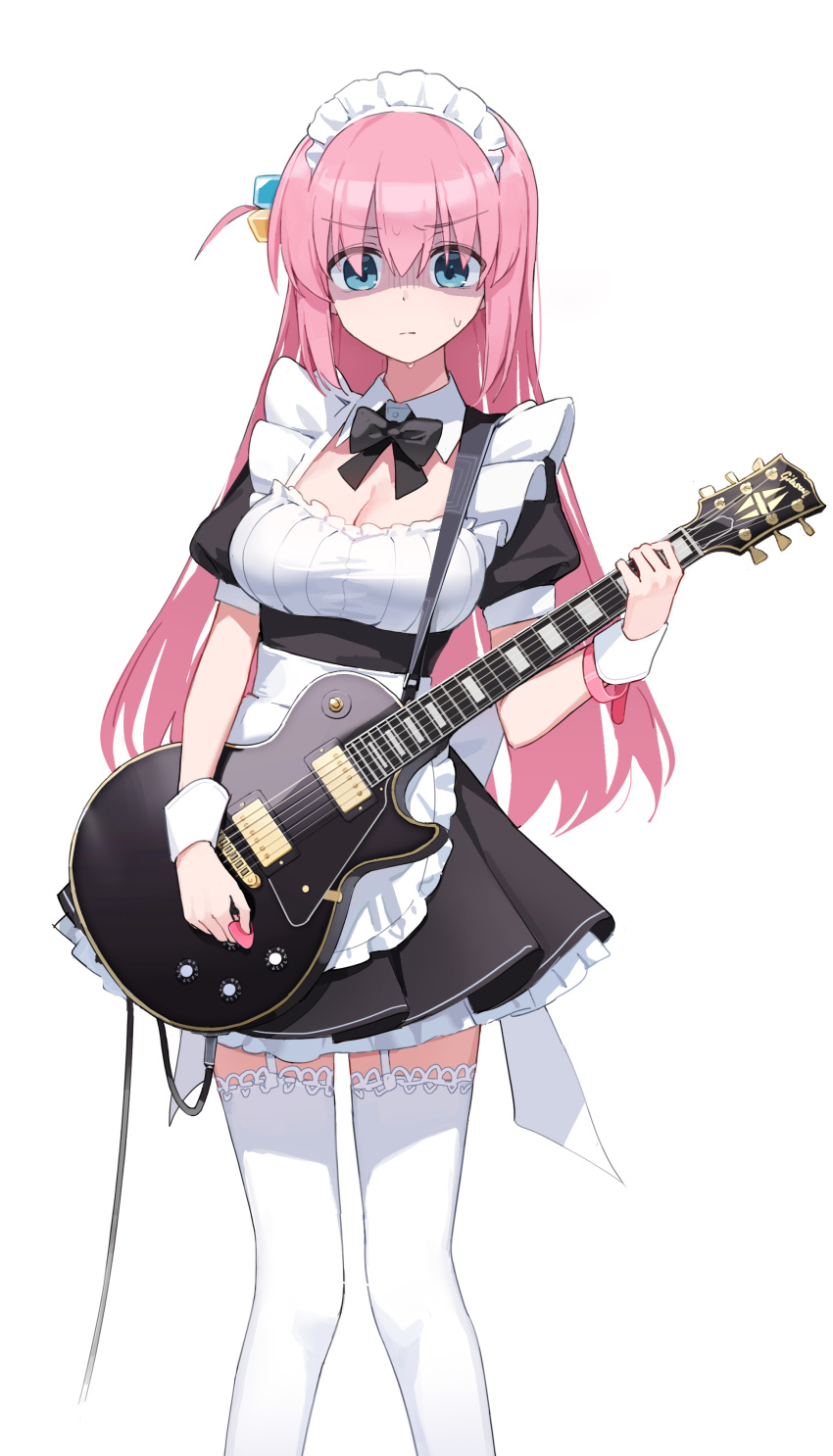 1girl absurdres alternate_costume apron bangs black_dress blue_eyes blush bocchi_the_rock! bow closed_mouth cowboy_shot cube_hair_ornament detached_collar dress electric_guitar frills gibson_les_paul gotou_hitori guitar hair_between_eyes hair_ornament highres holding holding_instrument instrument long_hair looking_at_viewer maid maid_apron maid_headdress one_side_up pink_hair puffy_short_sleeves puffy_sleeves short_sleeves simple_background solo standing tanosii_chan thighhighs white_background white_thighhighs