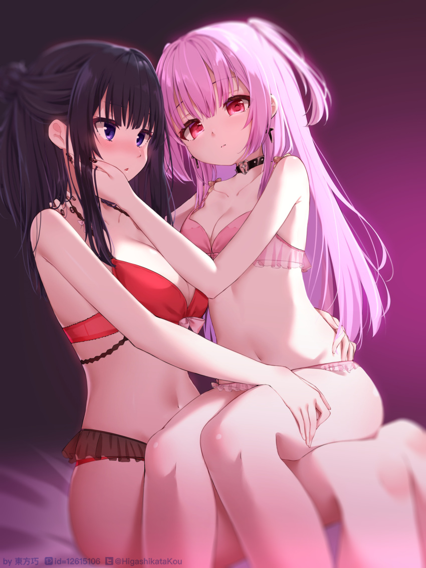 absurdres black_hair bra breasts hand_on_another's_face hand_on_another's_shoulder highres large_breasts long_hair original panties pink_bra pink_hair pink_panties purple_eyes red_bra red_eyes red_panties sitting sitting_on_lap sitting_on_person sunkazer underwear yuri