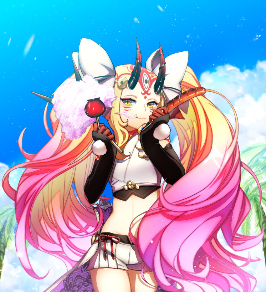 1girl big_hair black_gloves blonde_hair blue_sky bow candy_apple cloud collaboration cotton_candy crop_top day elbow_gloves facial_mark fang fate/grand_order fate_(series) fingerless_gloves food forehead_mark gloves gradient_hair hair_bow highres honchu horns hot_dog ibaraki_douji_(fate) ibaraki_douji_(swimsuit_lancer)_(fate) ibaraki_douji_(swimsuit_lancer)_(third_ascension)_(fate) isagiyo long_hair looking_at_viewer multicolored_hair navel oni oni_horns outdoors palm_tree pink_hair pom_pom_(clothes) short_shorts shorts sky smile solo tree two-tone_hair very_long_hair yellow_eyes