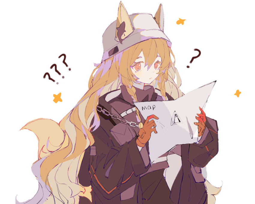 1girl ? ?? animal_ears arknights black_jacket black_shirt braid brown_hair ceobe_(arknights) ceobe_(unfettered)_(arknights) chain cloudless923 dog_ears dog_girl dog_tail ears_through_headwear gloves hat highres holding holding_map jacket long_hair long_sleeves map official_alternate_costume red_gloves rhodes_island_logo shirt side_braids simple_background solo tail upper_body very_long_hair white_background white_headwear