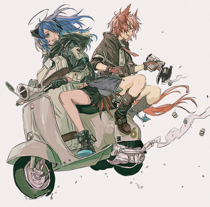 2girls absurdres animal_ears arknights bird_ears bird_girl bird_tail black_footwear black_gloves black_jacket black_shorts blue_eyes boots clenched_teeth dark_halo deaplout demon_horns driving fiammetta_(arknights) floating_hair full_body fur-trimmed_hood fur_trim gloves ground_vehicle gun halo highres holding holding_gun holding_weapon hood hood_down hooded_jacket horns jacket long_hair long_sleeves mostima_(arknights) motor_vehicle multiple_girls red_eyes red_gloves red_hair scooter shoes short_hair shorts simple_background sitting smoke smoking_gun sweatdrop tail teeth two-tone_gloves weapon white_background