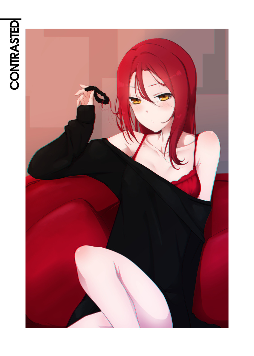 1girl absurdres black_sweater blush border bra closed_mouth dot_mouth hand_up highres holding long_sleeves love_live! love_live!_sunshine!! nasuno_(nasuno42) off_shoulder red_bra red_hair sakurauchi_riko sitting sleeves_past_wrists solo sweater underwear white_border yellow_eyes