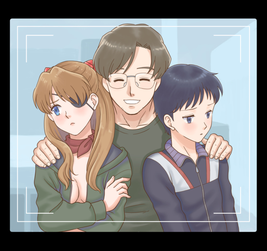 1girl 2boys age_difference aida_kensuke bangs black_hair blue_eyes blush breasts brown_hair cleavage crossed_arms embarrassed evangelion:_3.0+1.0_thrice_upon_a_time eyepatch friends frown glasses grin hair_ornament hairclip hand_on_another's_shoulder happy hood hooded_jacket ikari_shinji jacket long_hair masago_ksb multiple_boys neon_genesis_evangelion no_bra photo_(object) rebuild_of_evangelion scarf smile souryuu_asuka_langley standing track_suit