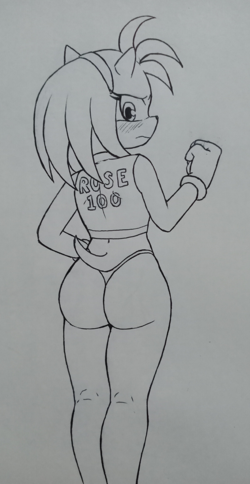2022 absurd_res accessory amy_rose anthro blush butt clothing embarrassed eulipotyphlan female fist headband hedgehog hi_res mammal monochrome perrox rear_view sega sleeveless solo sonic_the_hedgehog_(series) standing thong traditional_media_(artwork) underwear