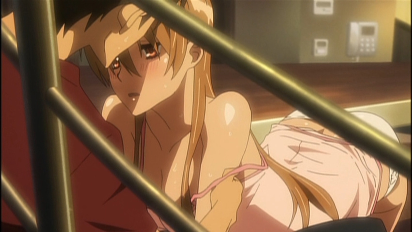 ass bare_shoulders blush cap cleavage couple highschool_of_the_dead komuro_takashi male miyamoto_rei tease teasing underwear