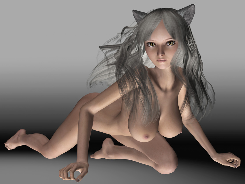 3d absurdres all_fours animal_ears bakemonogatari black_hanekawa breasts brown_eyes cat_ears hanekawa_tsubasa highres large_breasts legs long_hair monogatari_(series) nipples nude silver_hair slit_pupils solo x_sanders_x