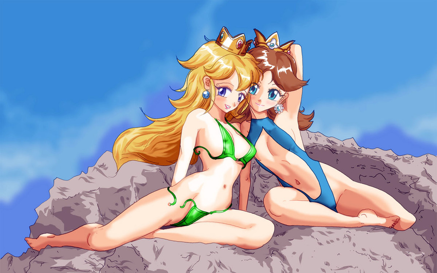 2girls arm_up armpit armpits bathing_suit bikini blush crown feet long_hair looking_at_viewer lying mario_(series) multiple_girls navel nintendo on_side princess_daisy princess_peach sitting smile super_mario_bros. super_mario_land swimsuit tansoku102cm