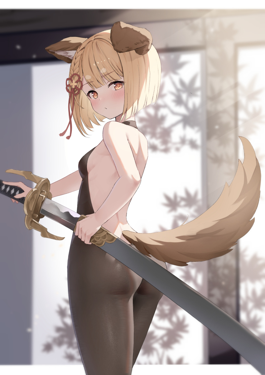 1girl animal_ears ass backless_outfit bangs blonde_hair blush bodystocking braid breasts brown_eyes dog_ears dog_tail erune from_side granblue_fantasy hair_ribbon highres holding holding_sheath holding_sword holding_weapon kimblee looking_at_viewer looking_to_the_side ribbon sheath short_hair small_breasts solo standing sword tail unsheathing vajra_(granblue_fantasy) weapon