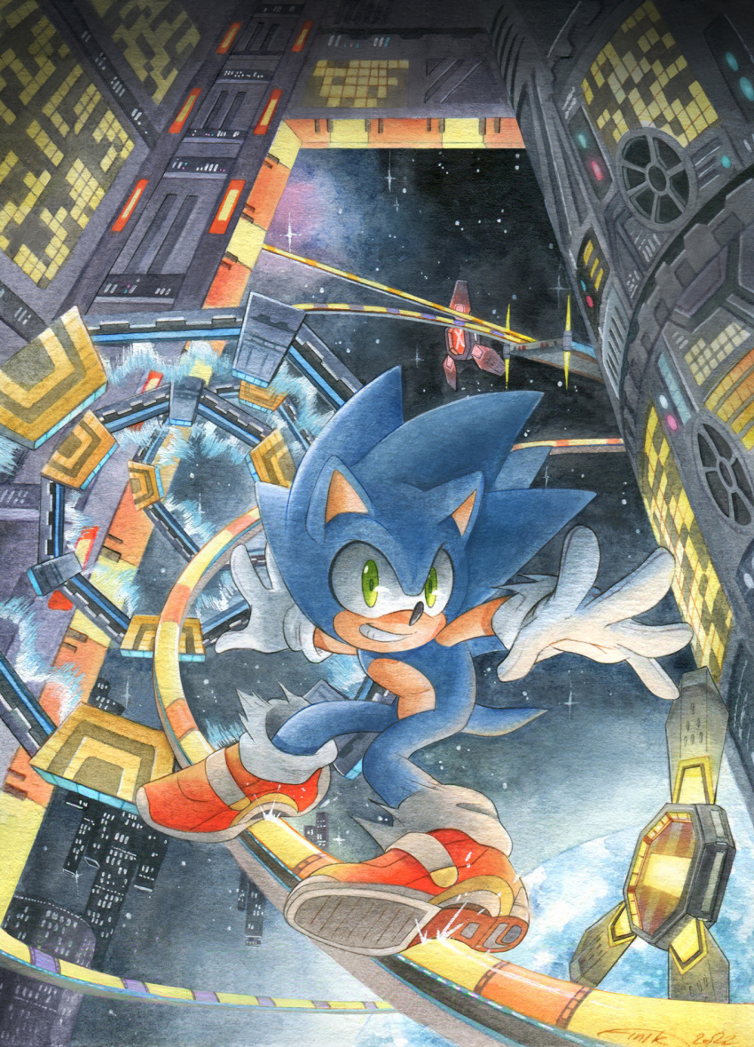 2022 anthro blue_body blue_fur clothing eulipotyphlan final_rush finikart footwear fur gloves green_eyes grin grinding handwear hedgehog hi_res male mammal sega shoes signature smile solo sonic_adventure sonic_the_hedgehog sonic_the_hedgehog_(series) space space_colony_ark teeth traditional_media_(artwork) video_games white_clothing white_gloves white_handwear