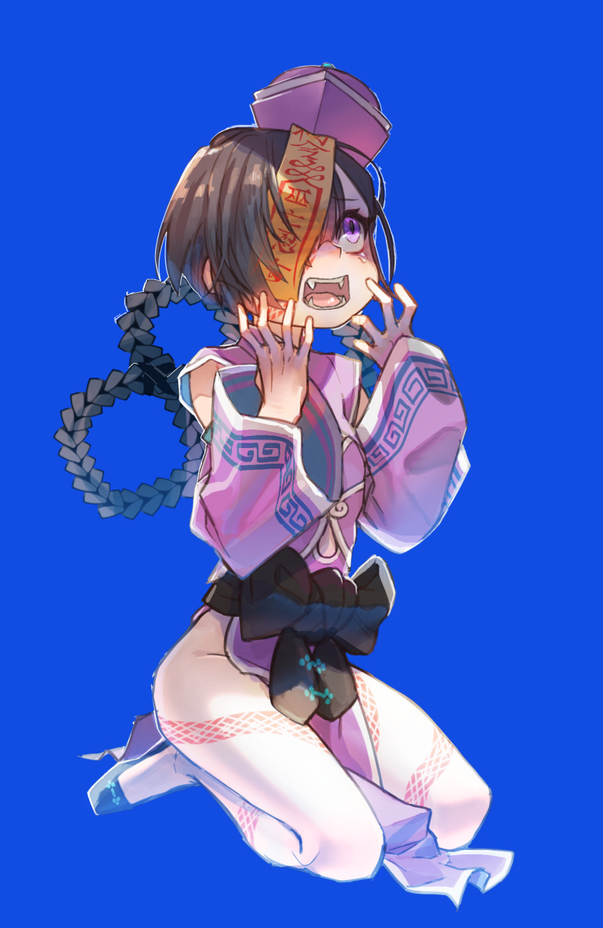 1girl bare_legs black_hair blue_background bow braid eyepatch fangs fate/grand_order fate_(series) full_body hair_rings hat highres isagiyo kneeling leg_tattoo long_hair looking_up mochizuki_chiyome_(fate) official_alternate_costume ofuda open_mouth purple_eyes scared simple_background snake_tattoo solo tattoo teeth wide_sleeves