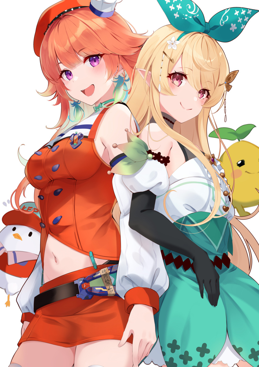 2girls absurdres bare_shoulders belt beret black_belt black_gloves blonde_hair blush breasts buttons choker closed_mouth detached_sleeves double-breasted dress earrings elbow_gloves feather_earrings feathers flower gloves gradient_hair green_choker green_skirt hair_flower hair_ornament hair_ribbon hat highres hololive hololive_english jewelry kfp_employee_(takanashi_kiara) kujou_ichiso large_breasts long_hair multicolored_hair multiple_girls navel nijisanji nijisanji_en open_mouth orange_hair orange_skirt pointy_ears pomu_rainpuff pomudachi_(pomu_rainpuff) purple_eyes red_eyes ribbon simple_background skirt smile takanashi_kiara virtual_youtuber white_background white_dress