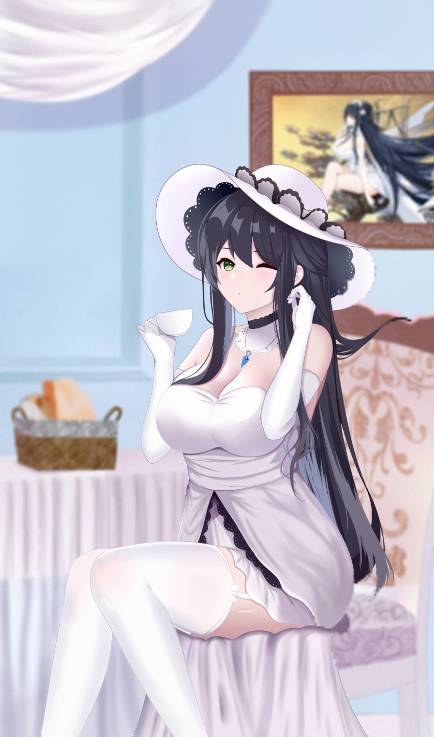 1girl azur_lane bare_shoulders basket black_hair blue_gemstone blurry blurry_background breasts cleavage cosplay cup detached_collar dress elbow_gloves gem gloves green_eyes hand_in_own_hair hat highres holding holding_cup huge_breasts illustrious_(azur_lane) illustrious_(azur_lane)_(cosplay) indomitable_(azur_lane) indoors long_dress long_hair looking_at_viewer one_eye_closed picture_(object) sitting solo strapless strapless_dress sun_hat teacup thighhighs very_long_hair weitaming_c white_dress white_garter_straps white_gloves white_headwear white_theme white_thighhighs