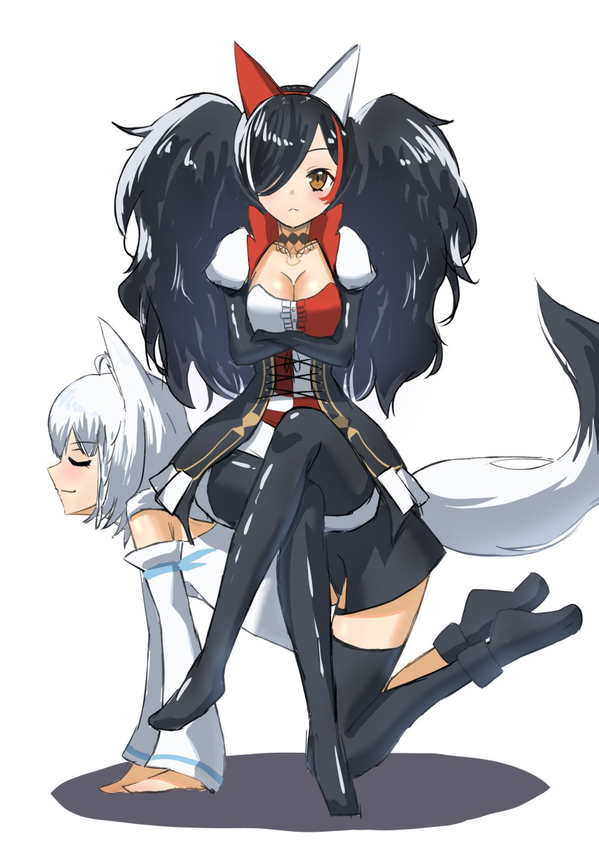 2girls ahoge all_fours animal_ear_fluff animal_ears bangs black_footwear black_gloves black_hair black_shorts black_thighhighs boots braid breasts cleavage closed_eyes commentary_request crossed_arms crossed_legs detached_sleeves dress ear_covers elbow_gloves fox_ears fox_girl fox_tail gloves green_eyes hair_between_eyes hair_over_one_eye highres hololive hood hoodie kyo_se long_hair looking_at_viewer medium_breasts multicolored_hair multiple_girls ookami_mio red_hair shirakami_fubuki short_shorts shorts sidelocks simple_background single_braid single_thighhigh sitting sitting_on_person smile streaked_hair tail thigh_boots thighhighs twintails virtual_youtuber white_background white_hair white_hoodie wolf_ears wolf_girl yellow_eyes