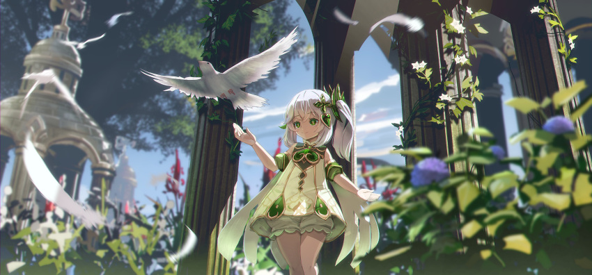 1girl absurdres arch bird bloomers bright_pupils closed_mouth cloud column commentary day dress feathers feet_out_of_frame flower flower-shaped_pupils gem genshin_impact green_eyes green_gemstone hair_ornament hand_up highres leaf long_hair looking_at_animal nahida_(genshin_impact) outdoors pillar purple_flower red_flower ryosios side_ponytail sky smile solo symbol-shaped_pupils tree underwear white_bird white_bloomers white_dress white_hair white_pupils