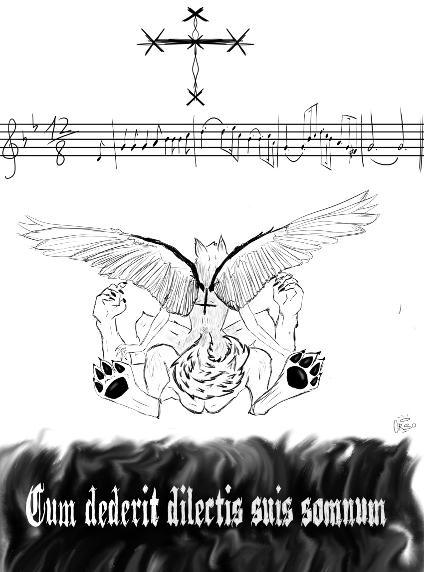 absurd_res anthro antichrist blasphemy canid canine cross digital_media_(artwork) female fur hair hi_res latin_text male male/female mammal musical_note nude orso paws religion sex sheet_music simple_background spread_legs spread_wings spreading text wings