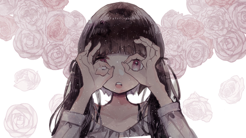 1girl bangs black_hair blunt_bangs collarbone flower grey_shirt looking_at_viewer low_twintails muted_color off-shoulder_shirt off_shoulder open_mouth original painting_(medium) purple_eyes rose shirt sleeves_past_wrists solo supika teeth traditional_media twintails upper_body upper_teeth watercolor_(medium) white_background