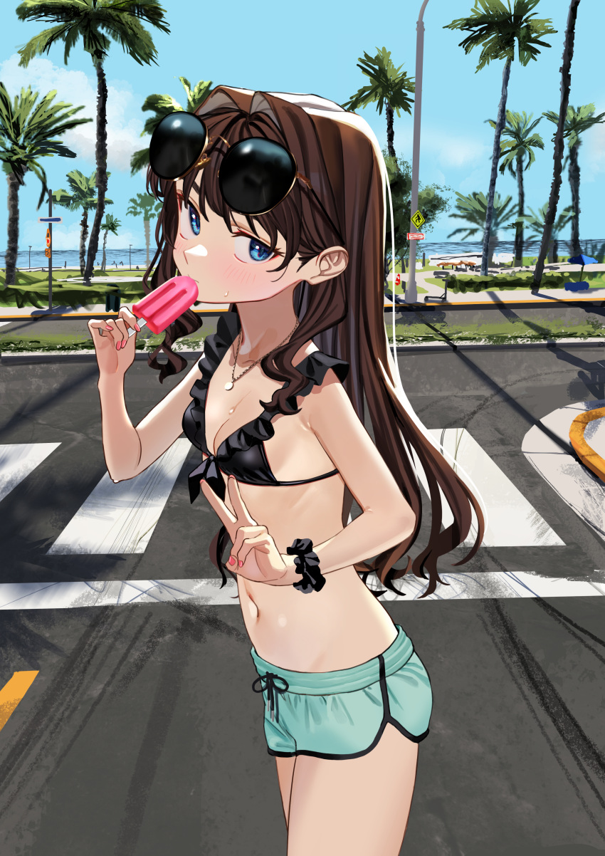 1girl 3: absurdres aqua_shorts armpit_crease bangs bare_arms bare_shoulders bikini bikini_top_only black_bikini black_scrunchie blue_eyes blue_sky blush breasts brown_hair cleavage closed_mouth cloud collarbone cowboy_shot crosswalk day dolphin_shorts drawstring eating elisia_valfelto eyebrows_hidden_by_hair eyewear_on_head fingernails food frilled_bikini frills from_side front-tie_bikini_top front-tie_top groin hair_behind_ear hair_intakes hands_up highres holding holding_food holding_ice_cream horizon hot jewelry lamppost long_hair looking_at_viewer looking_to_the_side luicent nail_polish navel necklace ocean original outdoors palm_tree pedestrian_crossing_sign pendant pink_nails popsicle road road_sign scenery scrunchie shadow short_shorts shorts sideboob sign sky small_breasts solo standing stomach street summer sunglasses sweat swimsuit tree v walking water wrist_scrunchie yellow-framed_eyewear