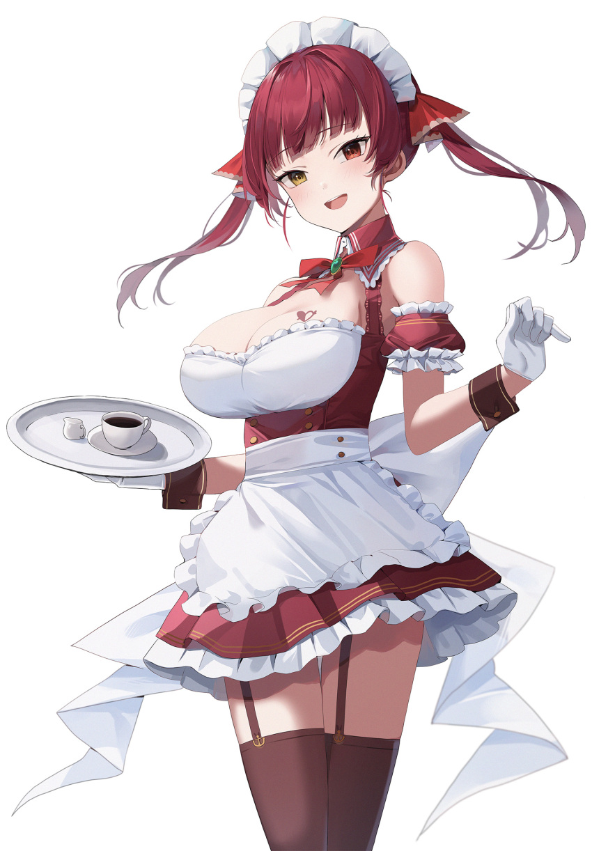 1girl :d alternate_costume apron arrow_through_heart bangs black_garter_straps black_thighhighs blunt_bangs bow bowtie breast_tattoo breasts coffee coffee_cup commentary_request cup detached_sleeves disposable_cup dress enmaided frilled_dress frills gloves heart heart_tattoo heterochromia highres holding holding_tray hololive houshou_marine large_breasts looking_at_viewer maid maid_apron maid_headdress open_mouth puffy_short_sleeves puffy_sleeves red_bow red_bowtie red_eyes red_hair short_sleeves smile solo tattoo thighhighs tray twintails virtual_youtuber white_gloves wrist_cuffs yellow_eyes yuzu-aki zettai_ryouiki