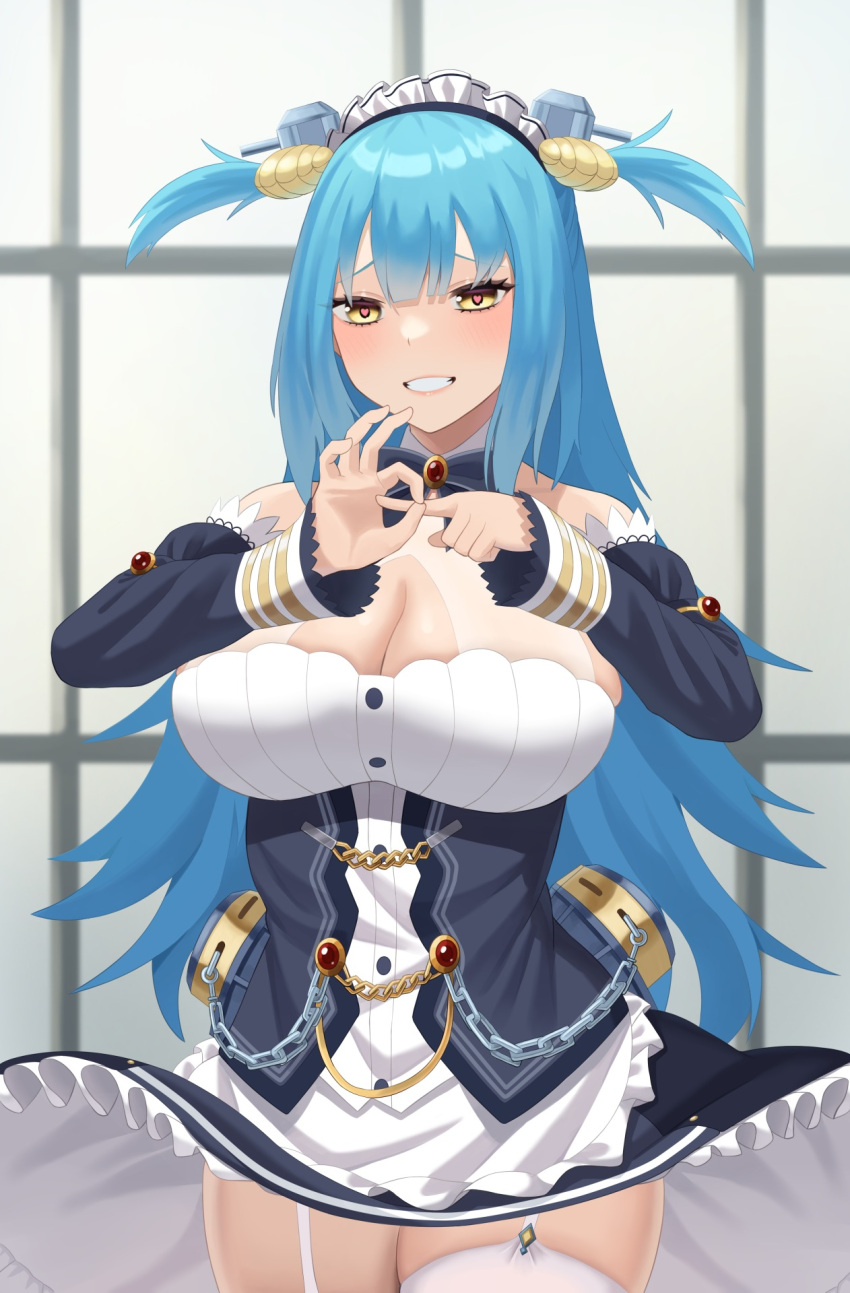 1girl azur_lane blue_hair breasts chain clam clam_shell cleavage_cutout clothing_cutout cowboy_shot dress fake_antlers fig_sign frilled_hairband frills fujisawa_sorao hairband heart heart-shaped_pupils highres huge_breasts looking_at_viewer maid maid_headdress multicolored_ribbon naughty_face neptune_(azur_lane) ok_sign penetration_gesture purple_dress ribbon see-through shell_hair_ornament solo symbol-shaped_pupils teeth thighhighs two-tone_dress white_dress white_garter_straps white_thighhighs yellow_eyes