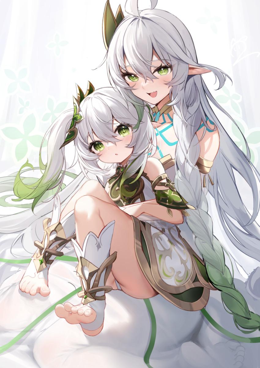 2girls :d ahoge bangs bare_shoulders blush braid commentary detached_sleeves dress elf full_body genshin_impact green_eyes green_hair hair_between_eyes hair_ornament highres knees_up long_hair looking_at_viewer multiple_girls nahaki nahida_(genshin_impact) no_shoes panties parted_lips pointy_ears revision side_ponytail sitting sitting_on_lap sitting_on_person smile socks stirrup_legwear toeless_legwear underwear very_long_hair wariza white_dress white_hair white_panties white_socks