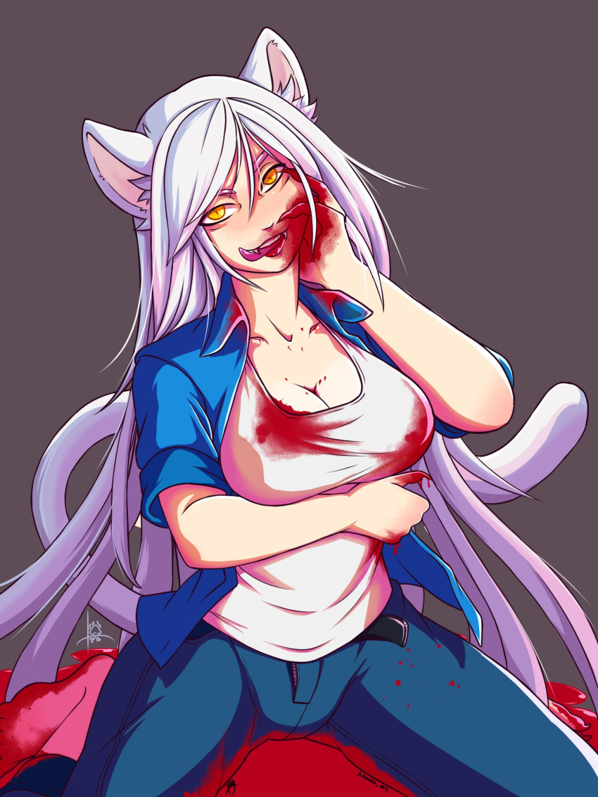 1girl animal_ears bakemonogatari black_hanekawa blood blood_on_clothes blood_on_face cat_girl hanekawa_tsubasa highres long_hair looking_at_viewer monogatari_(series) nekomonogatari simple_background slit_pupils solo tongue tongue_out white_hair yellow_eyes