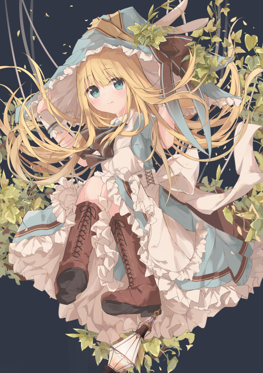 1girl :p animal_ears apron bangs black_background blonde_hair blue_dress blue_eyes blue_headwear boots brown_footwear closed_mouth commentary_request cross-laced_footwear dress fake_animal_ears frilled_apron frilled_dress frilled_hat frills hair_between_eyes hat highres knees_together_feet_apart kushida_you lace-up_boots long_hair looking_at_viewer maid_apron original rabbit_ears shoe_soles simple_background smile solo tongue tongue_out very_long_hair white_apron witch_hat