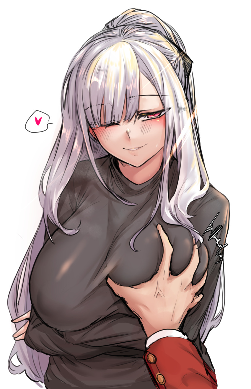 1boy 1girl 2poet ak-12_(girls'_frontline) bangs black_shirt blush breast_grab crossed_arms girls'_frontline grabbing grey_hair griffin_&amp;_kryuger_military_uniform hand_on_another's_chest heart hetero highres korean_commentary long_hair long_sleeves looking_at_viewer one_eye_closed open_mouth parted_lips ponytail purple_eyes shirt smile solo_focus spoken_heart sweatdrop upper_body white_background