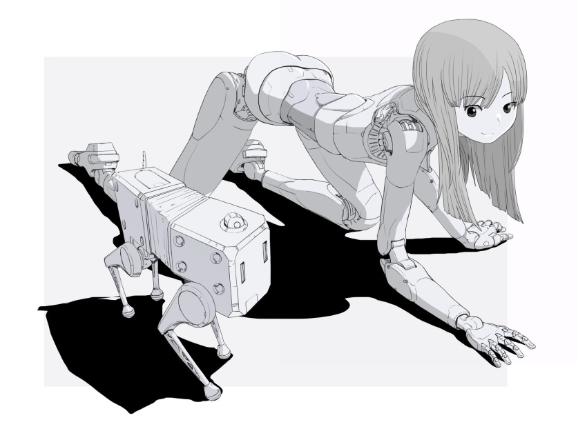 1girl all_fours android crawling highres joints limited_palette long_hair mechanical_parts original robot robot_joints simple_background sukabu