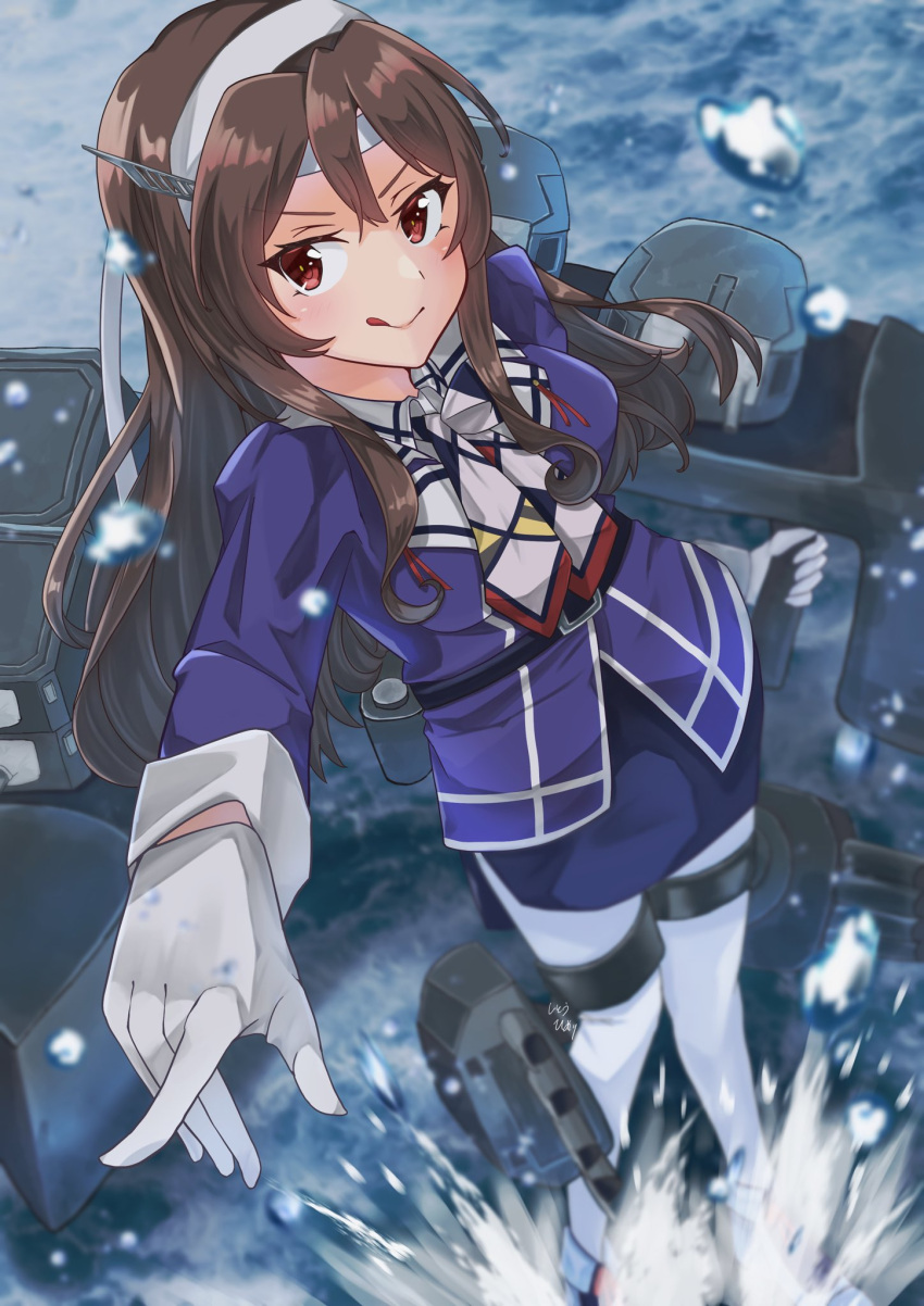 :d ashigara_(kancolle) ashigara_kai_ni_(kancolle) breasts cannon come2traveling gloves hairband headband highres jacket kantai_collection long_sleeves machinery medium_breasts multicolored_neckerchief neckerchief ocean outdoors pencil_skirt print_neckerchief purple_jacket rigging skirt smile smokestack torpedo_tubes turret uniform water wavy_hair white_gloves white_hairband