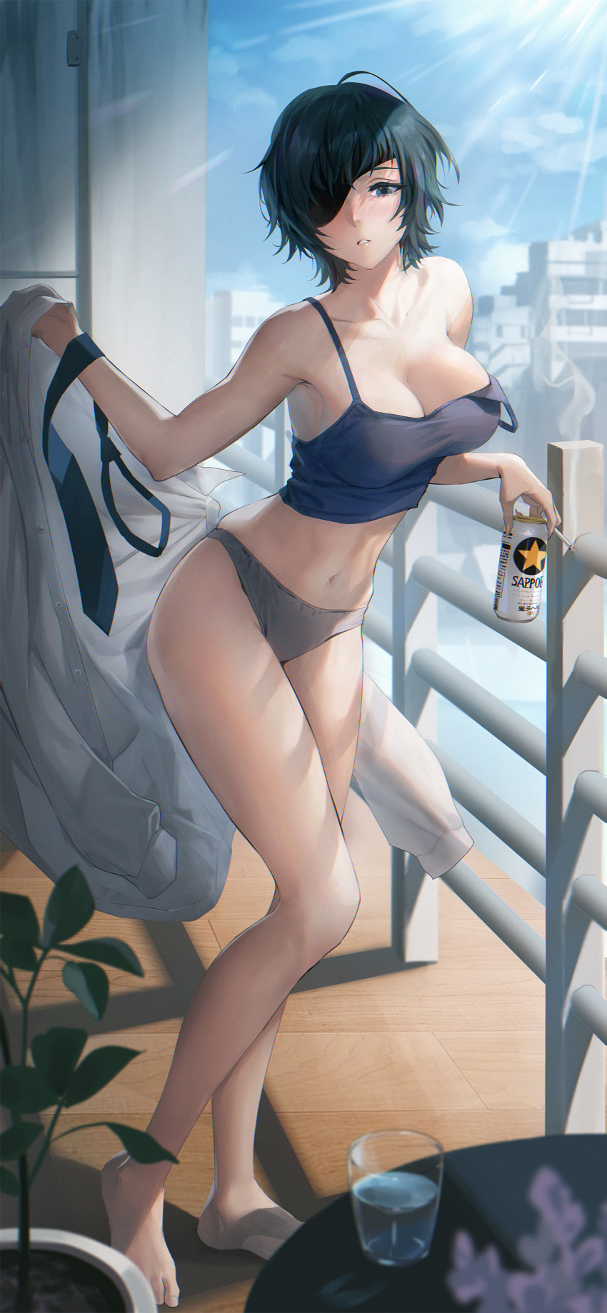 1girl absurdres balcony bangs bare_arms bare_legs bare_shoulders barefoot beer_can black_eyes blue_camisole blue_sky breasts building camisole can chainsaw_man cityscape cleavage cloud crop_top cup day drink drinking_glass eyepatch feet green_hair grey_panties highres himeno_(chainsaw_man) holding holding_clothes holding_drink indoors legs looking_at_viewer mhk_(mechamania) navel necktie necktie_removed panties parted_lips plant potted_plant railing shirt shirt_removed short_hair sidelocks sky solo spaghetti_strap standing stomach strap_slip sunlight table toes underwear underwear_only white_shirt wooden_floor